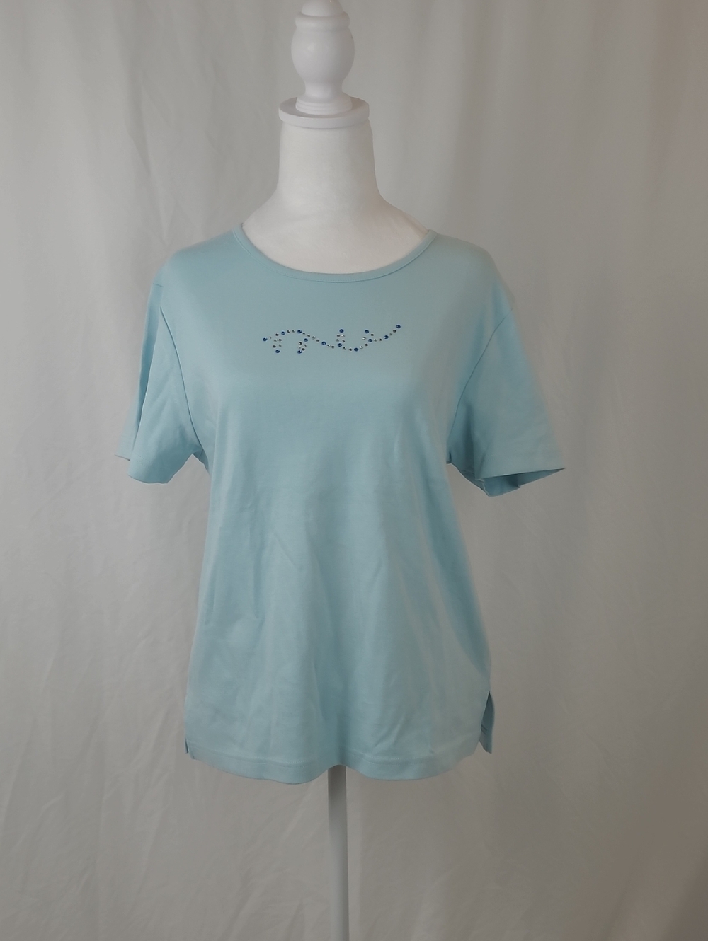 Lindor Petite Light Blue Short Sleeve Women's Tee with Rhinestone Accent